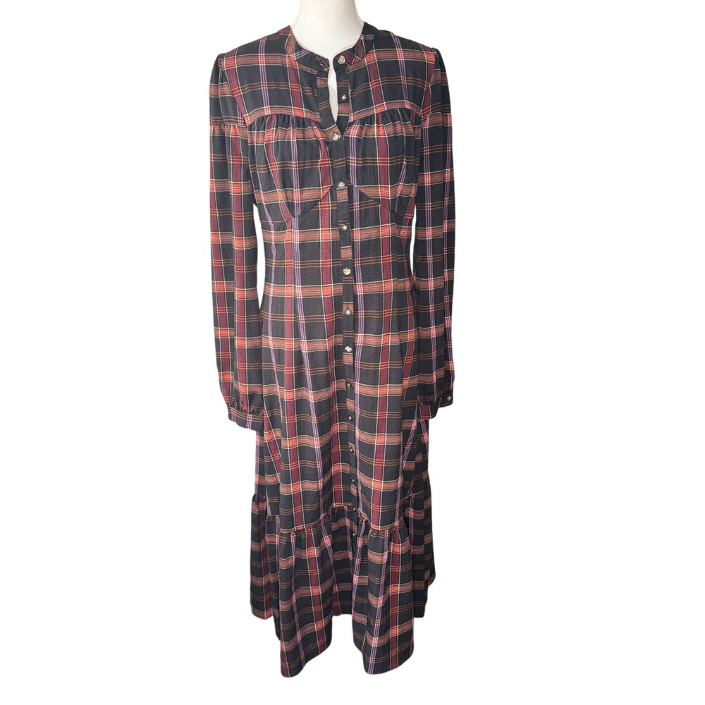 Pamela Love X Rent The Runway Maroon Plaid Tiered Midi Shirtdress Size L EUC